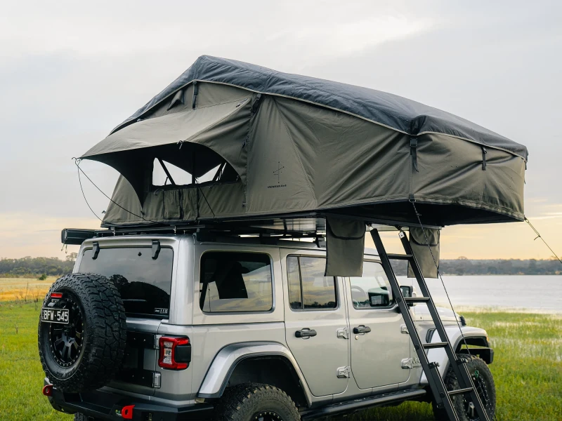 Cross 1200 Soft Shell Rooftop Tent Rear Right Three Quarter View Open IRONMAN 4X4 677d66d0 d193 4a3b 921d fb3673b870eb
